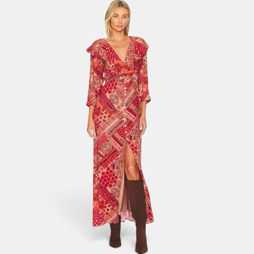 Free People Lennon Button Front Maxi Dress XS V-Neck Patchwork Print